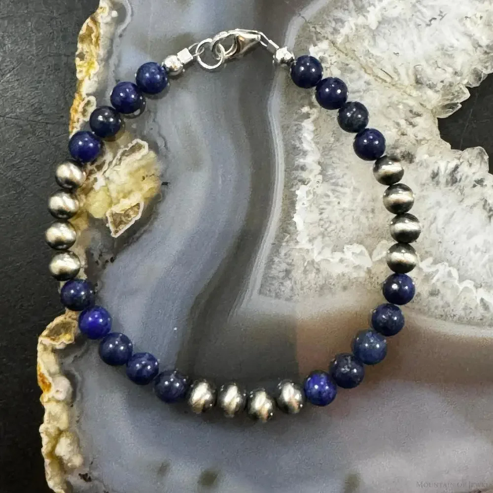 Native American Sterling 5 mm Navajo Pearl & Lapis Bead Link Bracelet For Women